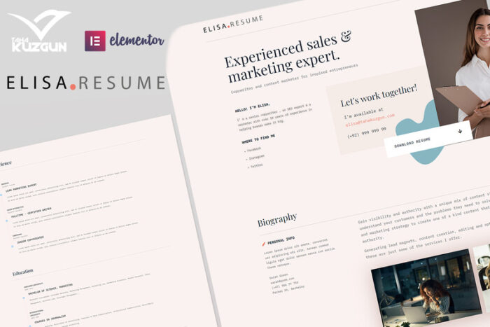 Elisa CV Resume Elementor Kit - Features Image 1