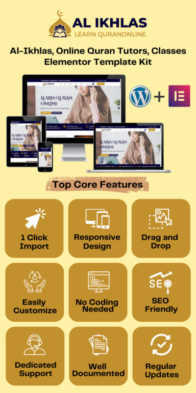 Al-Ikhlas - Online Quran Tutors, Online Quran Classes Elementor Template Kit WordPress - Features Image 1