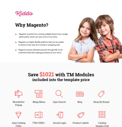 Kids Clothing Mobile-Optimized Magento Theme - Features Image 1