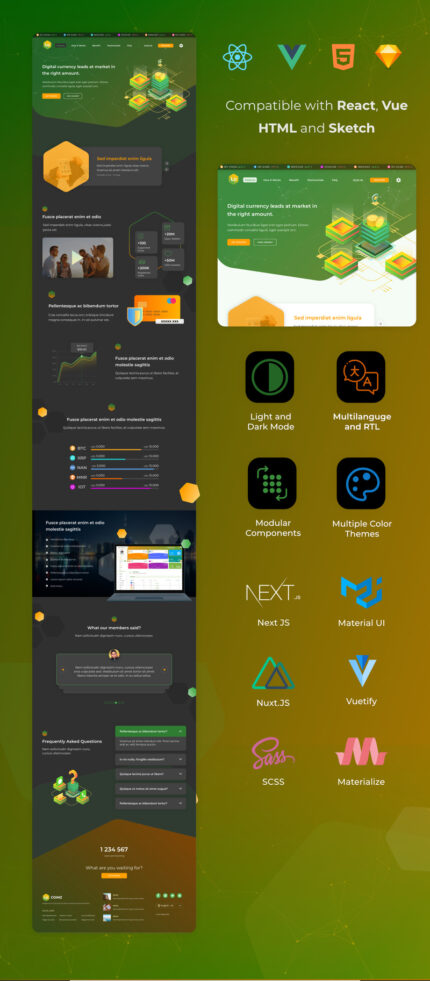 Cryptolux - Crypto Currency Landing Page React Vue HTML5 and Sketch Template - Features Image 1