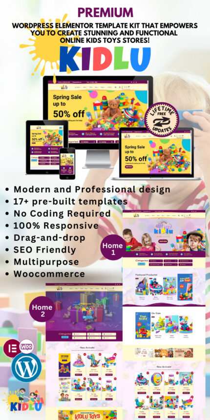 Kidlu - WooCommerce Elementor Template Kit for toy, clothing, and fashion stores - Features Image 1