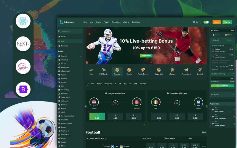 Onlinebets - Sports Online Betting Website React Next JS Template